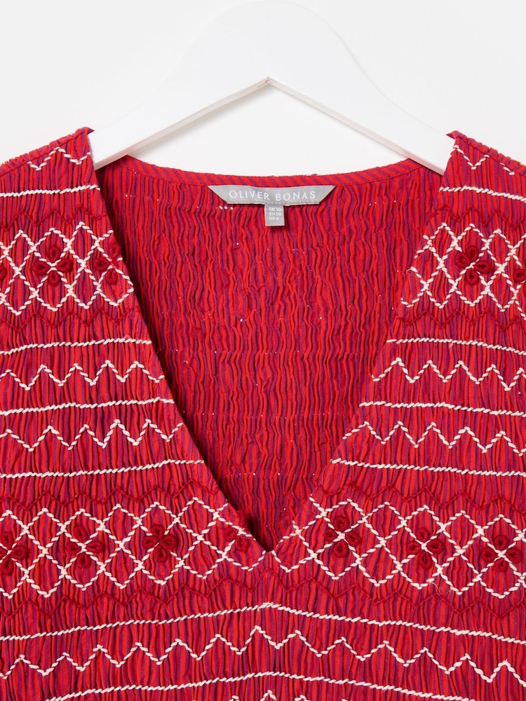 Oliver Bonas Red Striped Shirred Bodice V-Neck Midi Dress - Image 8 of 8