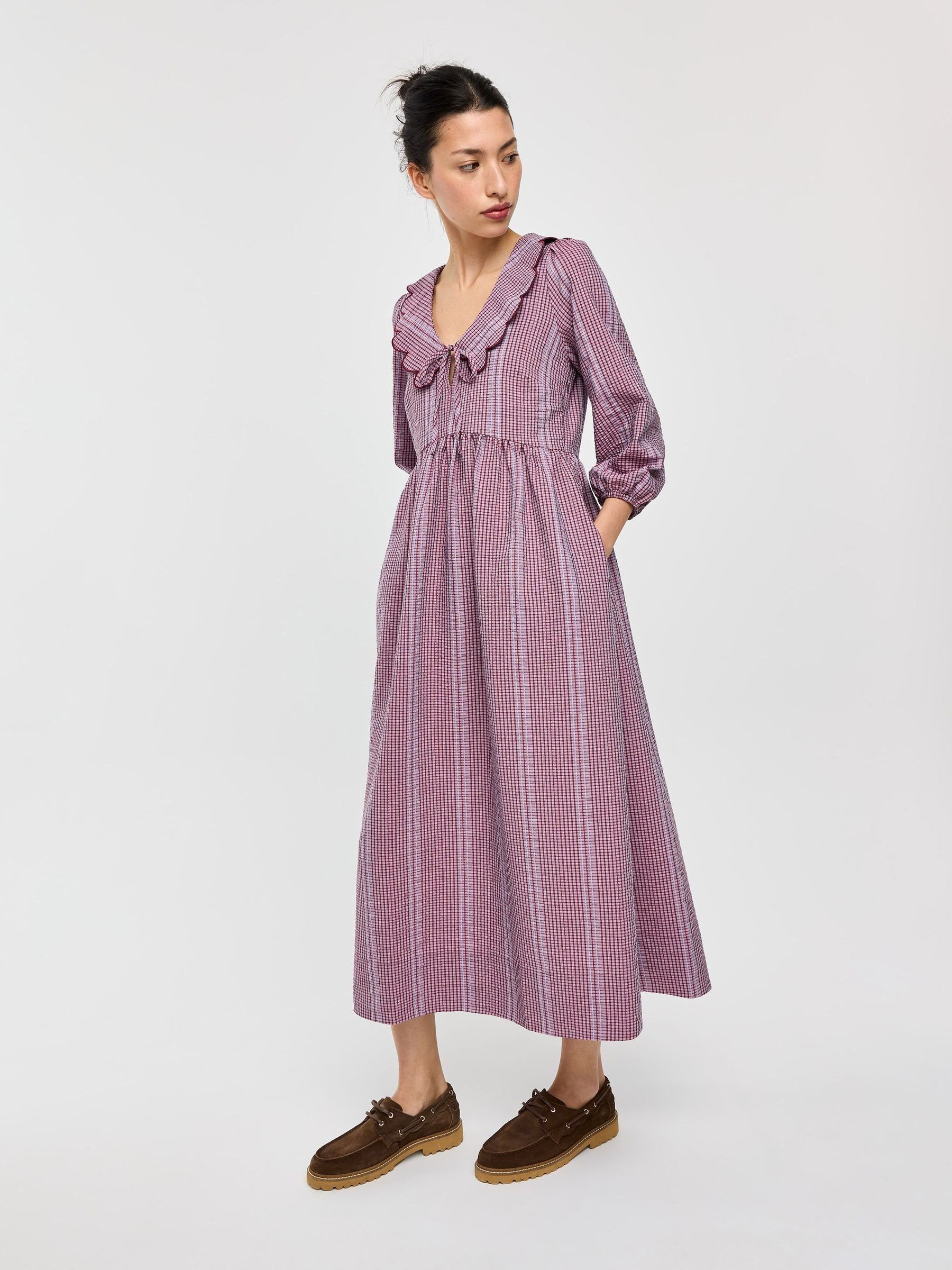 Buy Oliver Bonas Burgundy Purple Checked Frill Collar Midi Dress