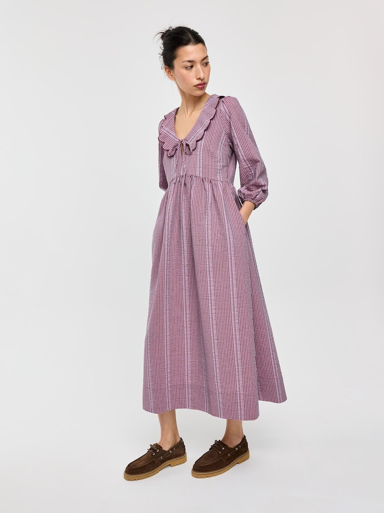 Oliver Bonas Burgundy Purple Checked Frill Collar Midi Dress - Image 1 of 8