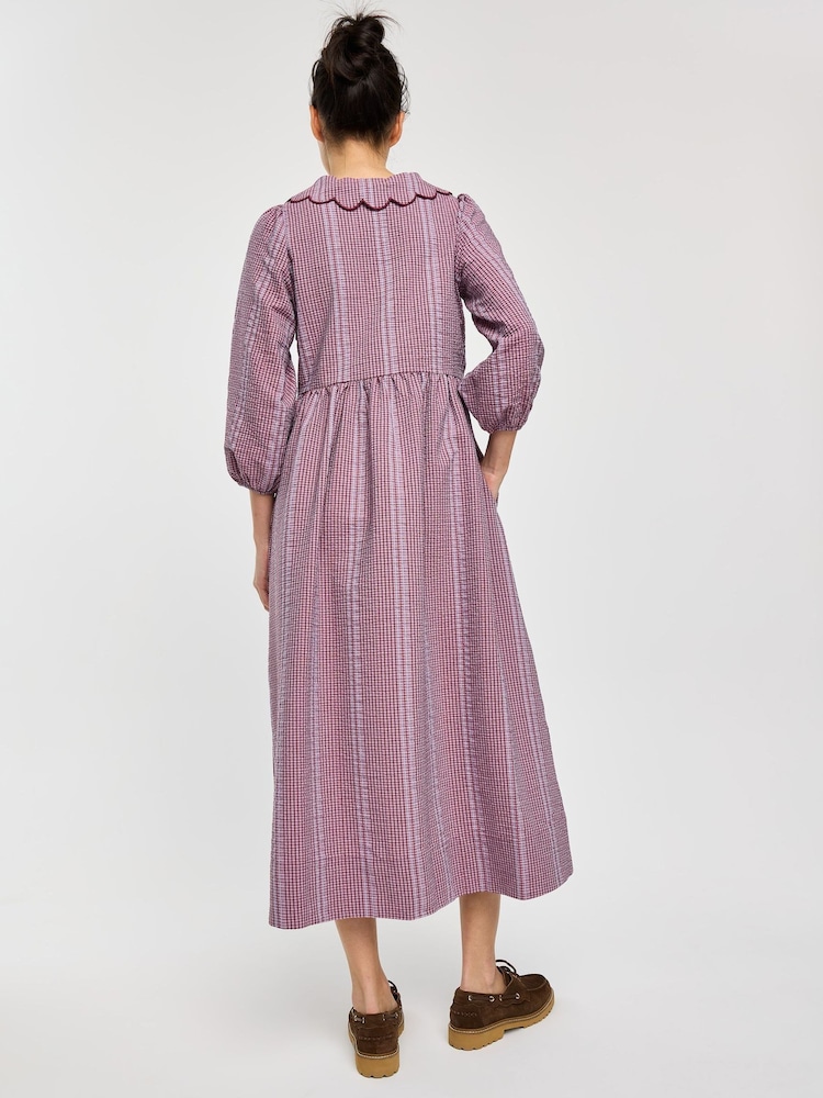 Oliver Bonas Burgundy Purple Checked Frill Collar Midi Dress - Image 2 of 8
