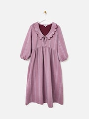 Oliver Bonas Burgundy Purple Checked Frill Collar Midi Dress - Image 3 of 8