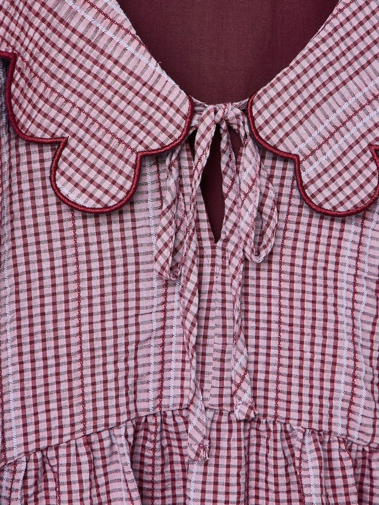 Oliver Bonas Burgundy Purple Checked Frill Collar Midi Dress - Image 8 of 8