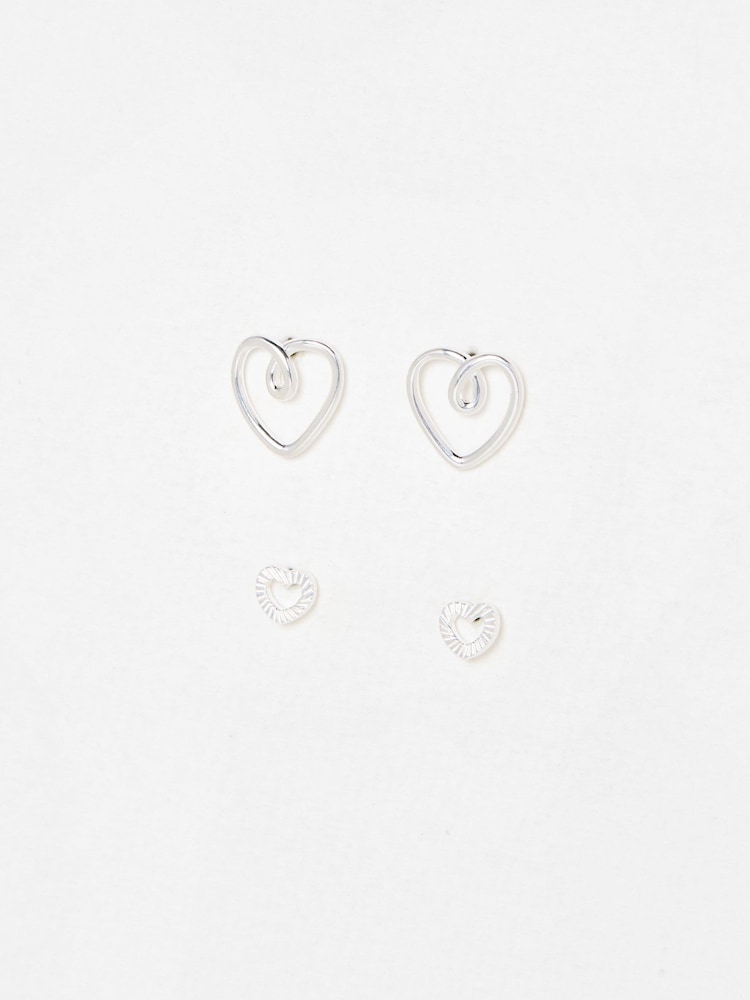 Oliver Bonas Silver Tone Amia Double Heart Stud Earrings Set 4 - Image 1 of 3