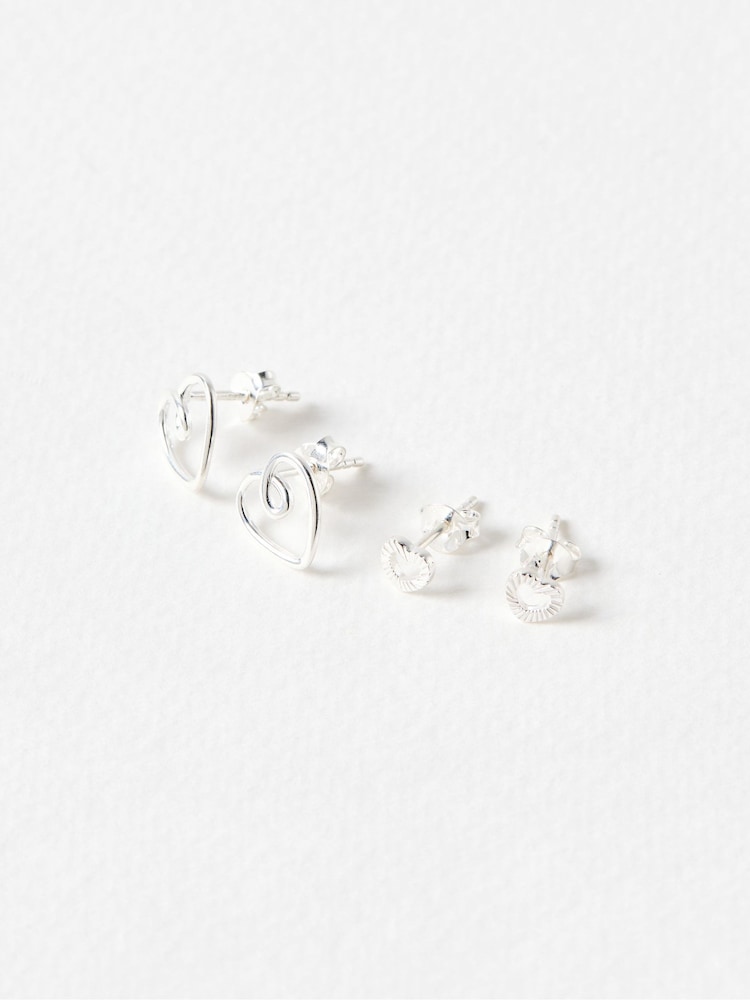 Oliver Bonas Silver Tone Amia Double Heart Stud Earrings Set 4 - Image 2 of 3