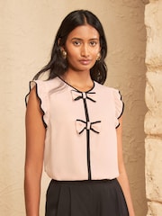 Różowy - Love & Roses Bow Crew Neck Flutter Sleeve Blouse - Obraz 1 z 4