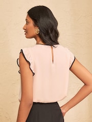 Różowy - Love & Roses Bow Crew Neck Flutter Sleeve Blouse - Obraz 4 z 4