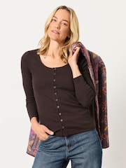 FatFace Bethan Chocolate Brown Button Ribbed Long Sleeve Top - Image 1 of 6