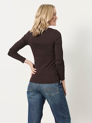 FatFace Bethan Chocolate Brown Button Ribbed Long Sleeve Top - Image 2 of 6