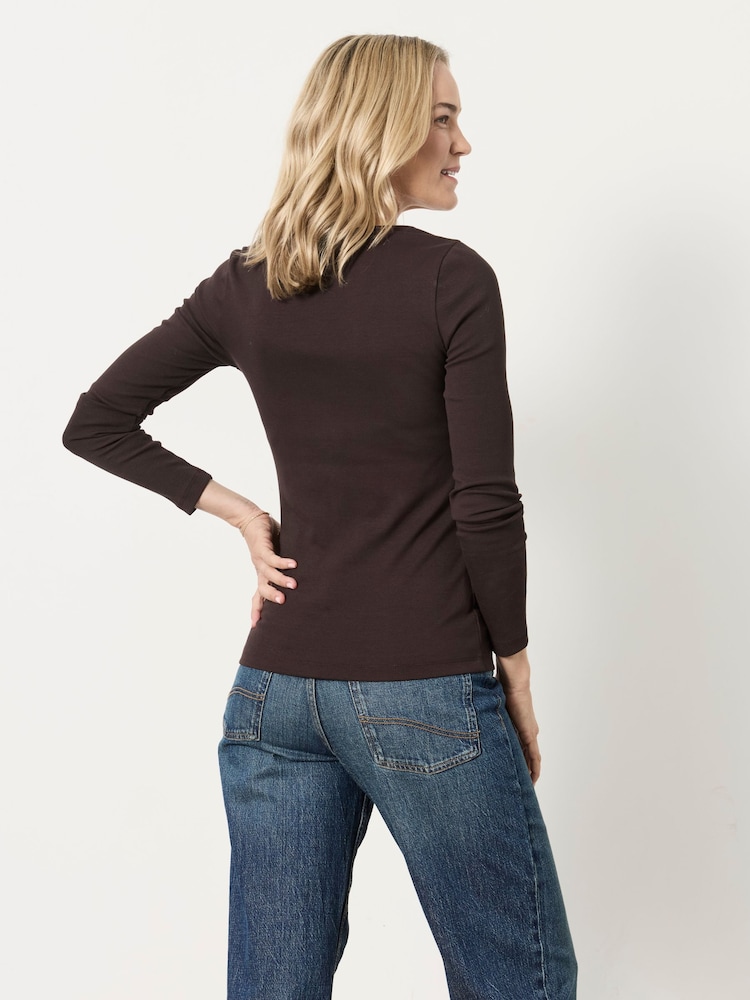 FatFace Bethan Chocolate Brown Button Ribbed Long Sleeve Top - Image 2 of 6