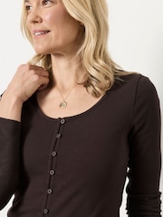 FatFace Bethan Chocolate Brown Button Ribbed Long Sleeve Top - Image 3 of 6