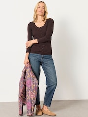 FatFace Bethan Chocolate Brown Button Ribbed Long Sleeve Top - Image 4 of 6