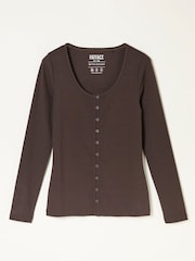 FatFace Bethan Chocolate Brown Button Ribbed Long Sleeve Top - Image 6 of 6