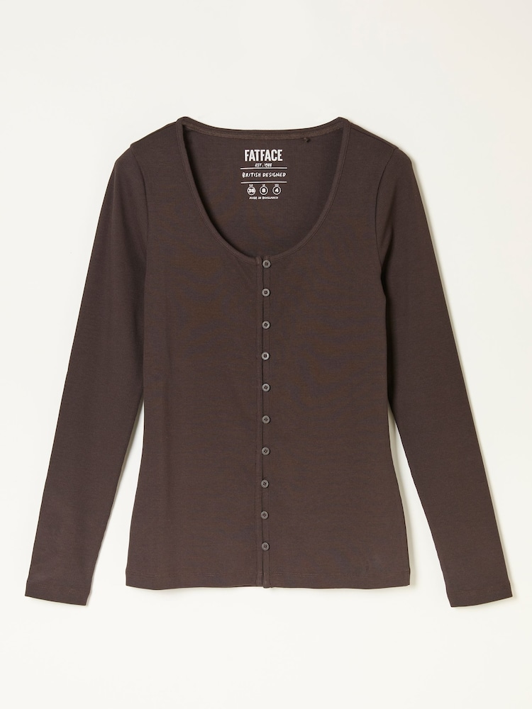 FatFace Bethan Chocolate Brown Button Ribbed Long Sleeve Top - Image 6 of 6