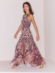 Lipsy Chocolate Brown Stripe Paisley Mirror Printed Halter Neck Maxi Dress - Image 1 of 5