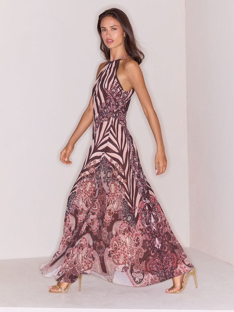 Lipsy Chocolate Brown Stripe Paisley Mirror Printed Halter Neck Maxi Dress - Image 1 of 5