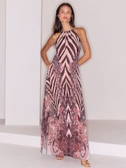 Lipsy Chocolate Brown Stripe Paisley Mirror Printed Halter Neck Maxi Dress - Image 3 of 5