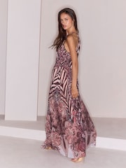 Lipsy Chocolate Brown Stripe Paisley Mirror Printed Halter Neck Maxi Dress - Image 5 of 5
