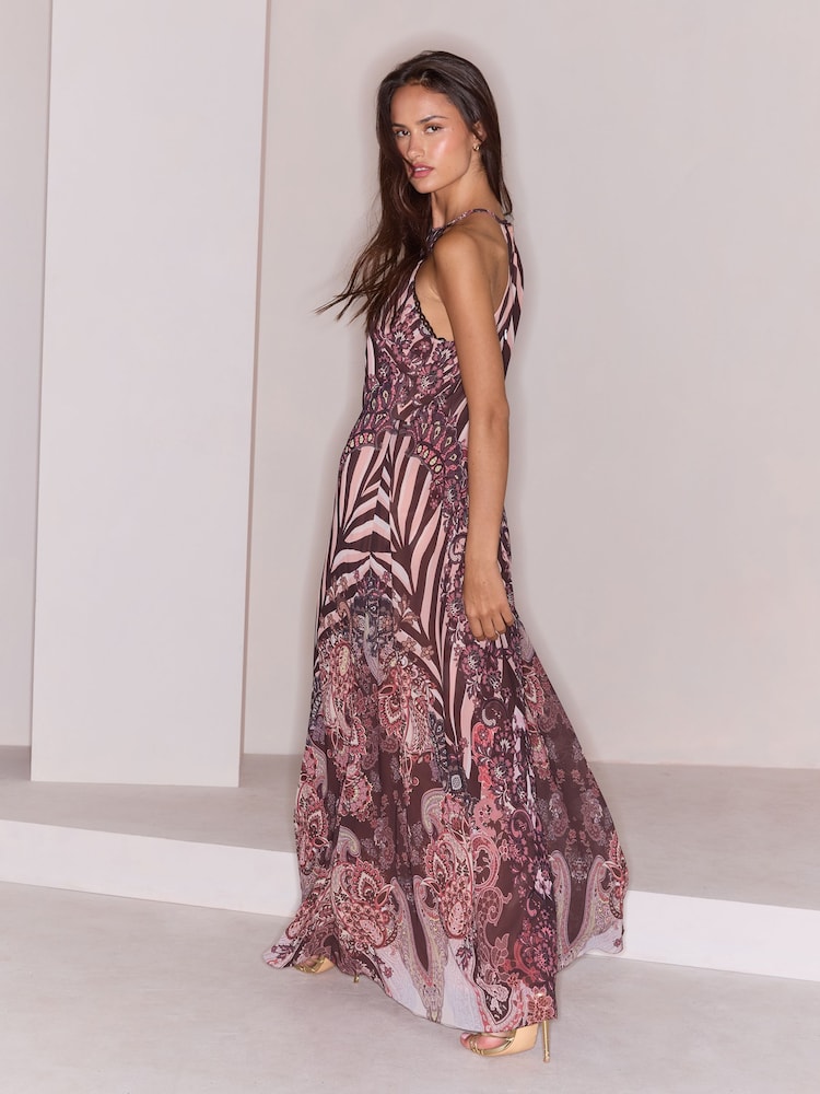Lipsy Chocolate Brown Stripe Paisley Mirror Printed Halter Neck Maxi Dress - Image 5 of 5