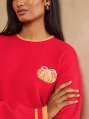 Love & Roses Red Sequin Pumpkin Detail Long Sleeve Crew Neck Knitted Jumper - Image 2 of 5