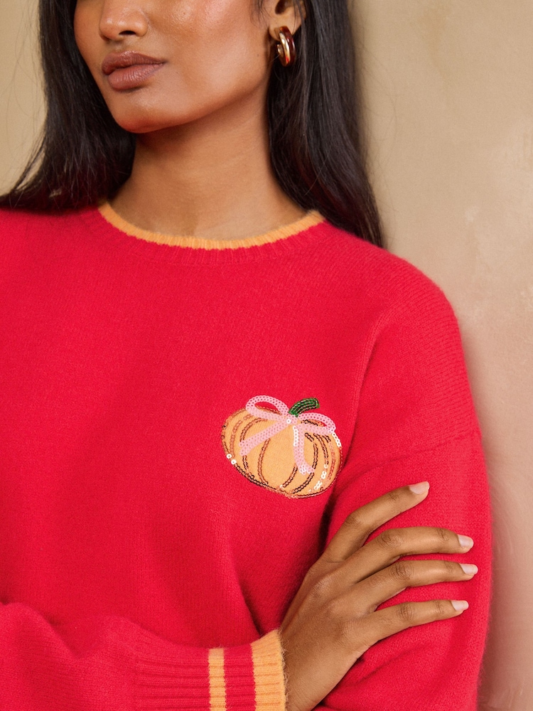 Love & Roses Red Sequin Pumpkin Detail Long Sleeve Crew Neck Knitted Jumper - Image 2 of 5 Love & Roses Red Sequin Pumpkin Detail Long Sleeve Crew Neck Knitted Jumper - Image 2 of 5