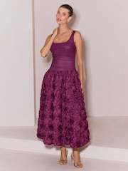 Berry Premium Square Neck 3D Rose Skirt Prom Midi Dress - Image 1 of 5
