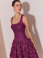 Berry Premium Square Neck 3D Rose Skirt Prom Midi Dress - Image 2 of 5