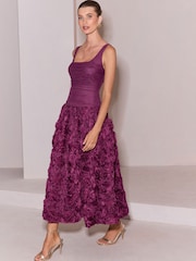 Berry Premium Square Neck 3D Rose Skirt Prom Midi Dress - Image 3 of 5