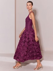 Berry Premium Square Neck 3D Rose Skirt Prom Midi Dress - Image 4 of 5