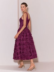Berry Premium Square Neck 3D Rose Skirt Prom Midi Dress - Image 5 of 5