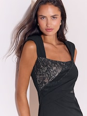 Lipsy Black Square Neck Lace Cut Out Bodycon Midi Dress - Image 4 of 5