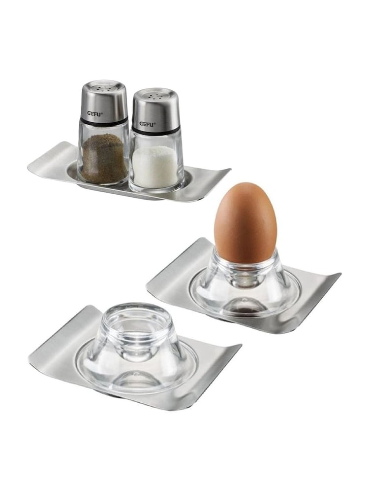 Airtender Silver or Transparent Gefu Salt and Pepper Shaker and 2 Egg Cup Holders - Image 1 of 5