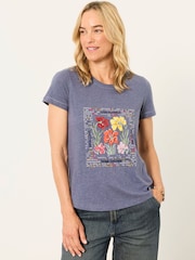 FatFace Denim Blue Floral Cross Stitch Graphic T-Shirt - Image 1 of 6