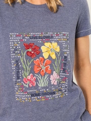 FatFace Denim Blue Floral Cross Stitch Graphic T-Shirt - Image 3 of 6