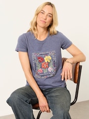 FatFace Denim Blue Floral Cross Stitch Graphic T-Shirt - Image 5 of 6