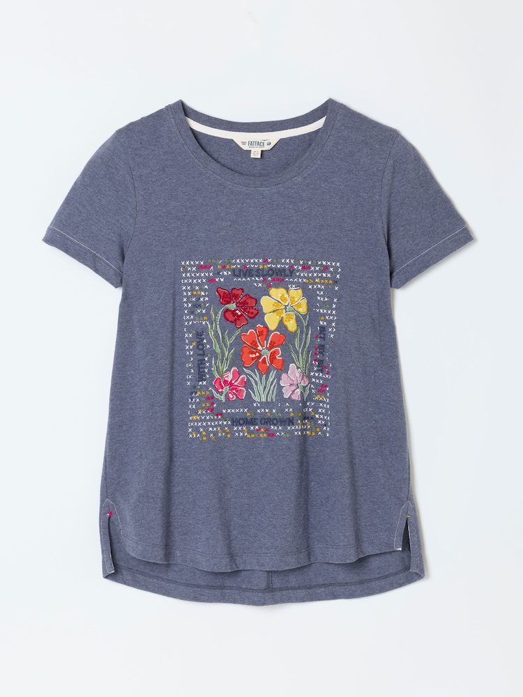 FatFace Denim Blue Floral Cross Stitch Graphic T-Shirt - Image 6 of 6 FatFace Denim Blue Floral Cross Stitch Graphic T-Shirt - Image 6 of 6