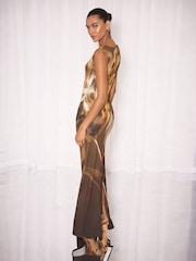 Lipsy Brown Petite Animal Print Aysmmetric Neckline One Shoulder Bodycon Maxi Dress - Image 4 of 5