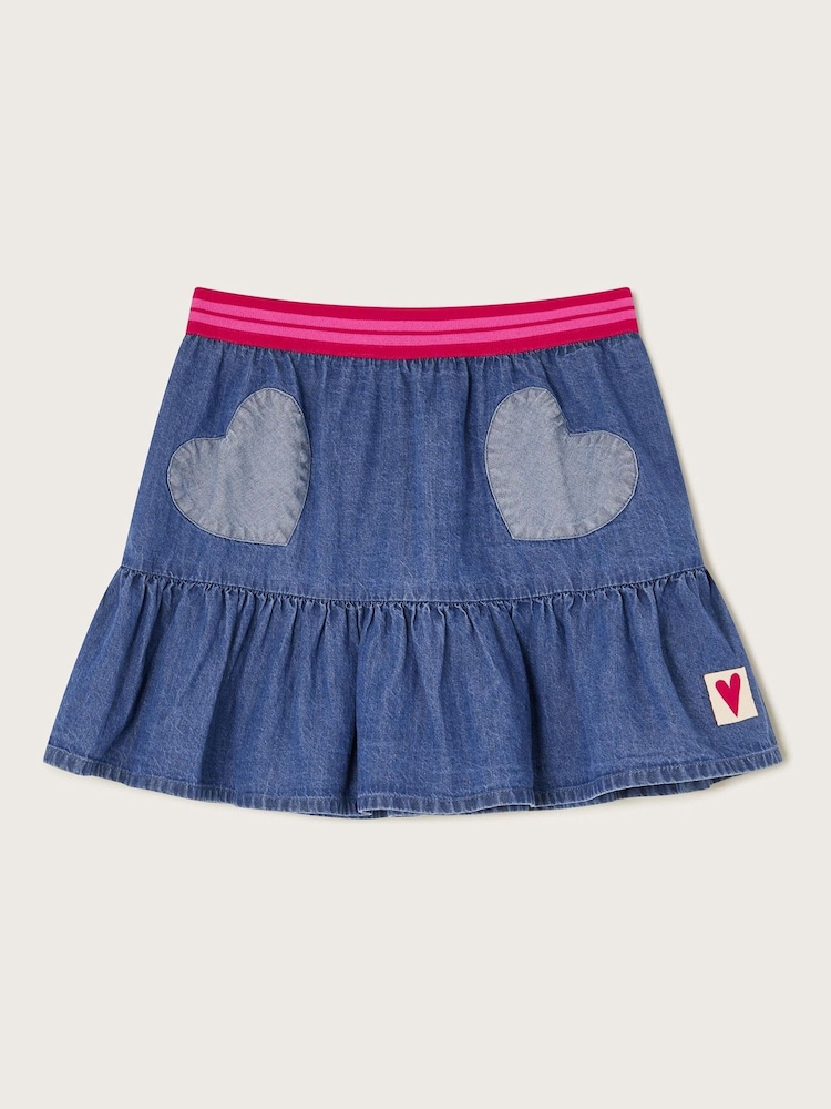 Monsoon Blue Heart Ruffle Denim 100% Cotton Skirt - Image 1 of 3