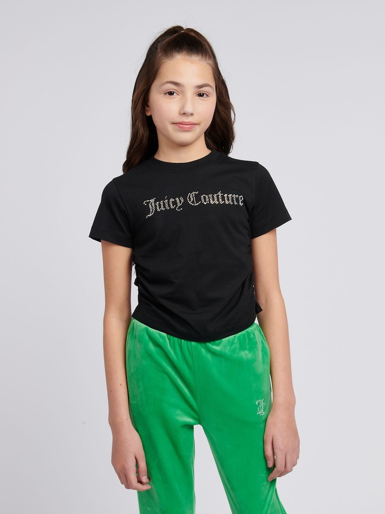 Juicy Couture Black Girls Diamante Ringer 100% Cotton T-Shirt - Image 1 of 7