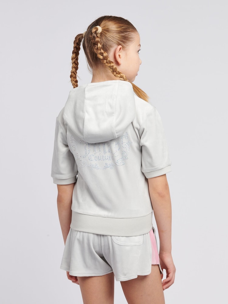 Juicy Couture Grey Girls Diamante Zip Thru Short-Sleeve Hoodie - Image 3 of 5