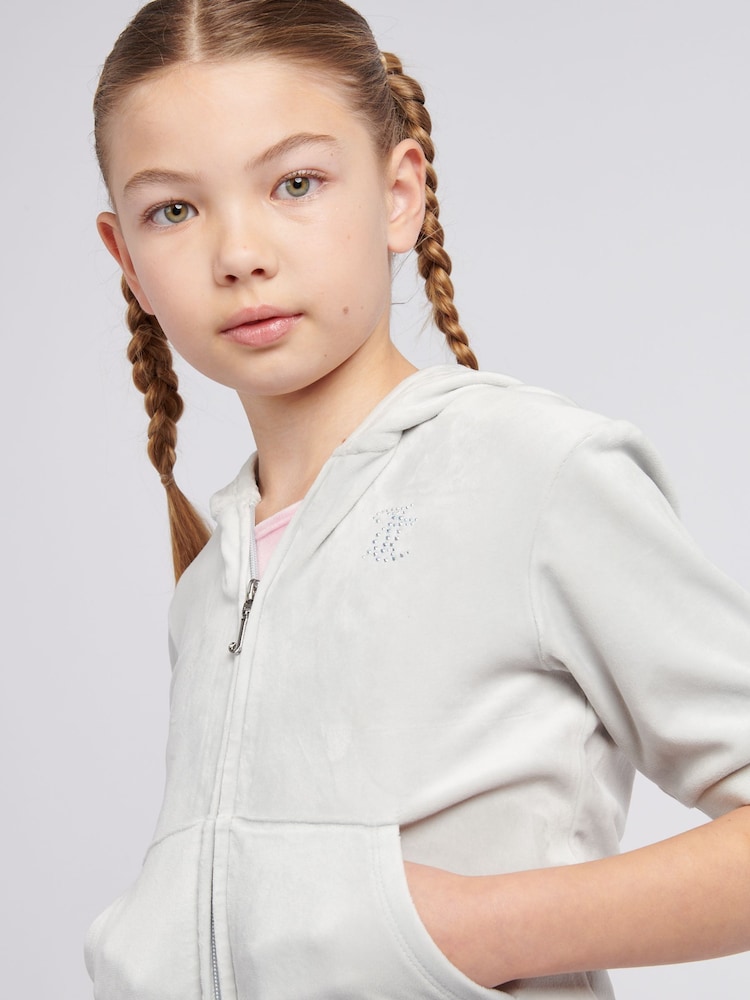 Juicy Couture Grey Girls Diamante Zip Thru Short-Sleeve Hoodie - Image 4 of 5