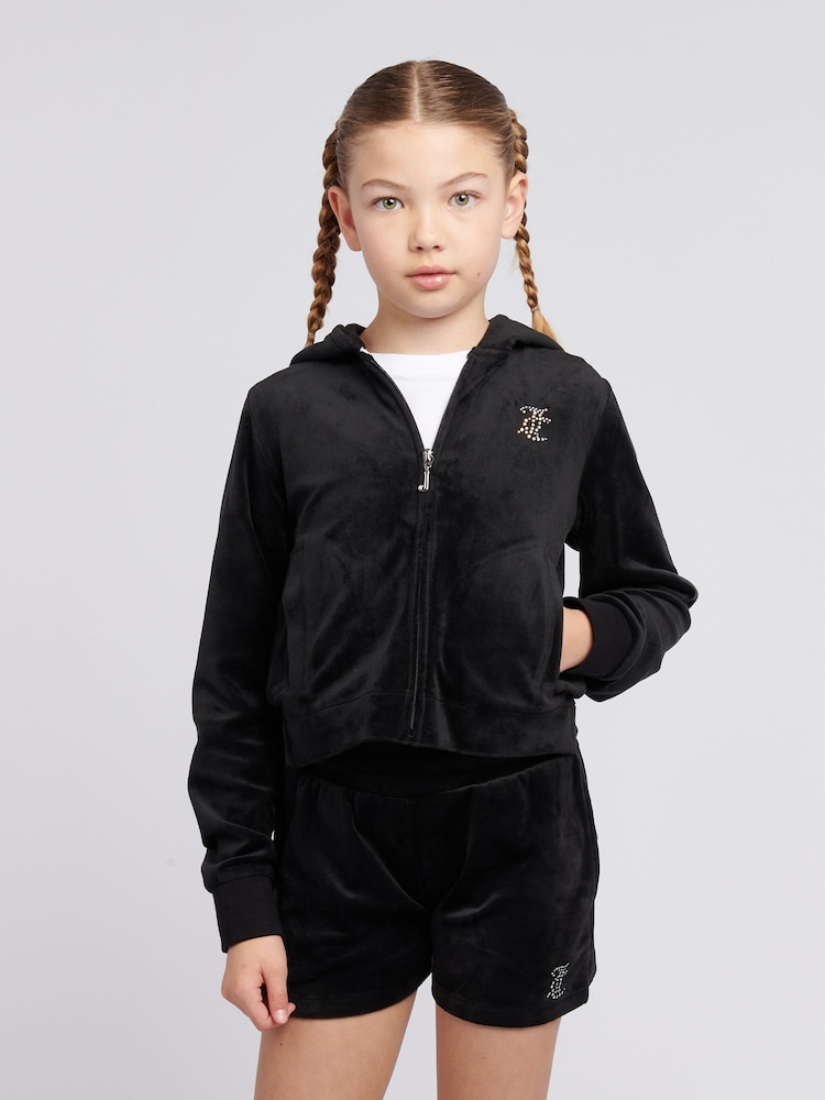Juicy Couture Black Girls Arch Zip-Thru Diamante Hoodie - Image 1 of 9