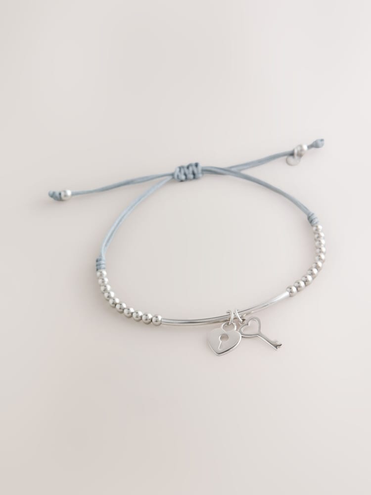 Sterling Silver Lock and Key Beaded Pully Bracelet - Image 1 of 3