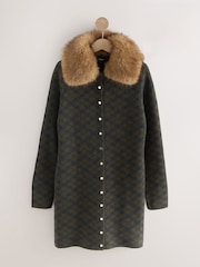 Dark Green Check - Faux Fur Collar Knitted Mini Dress - Imagem 1 de 3