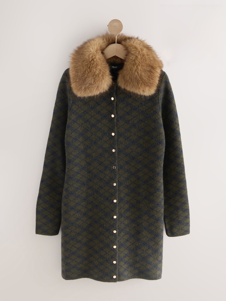 Dark Green Check - Faux Fur Collar Knitted Mini Dress - Imagem 1 de 3