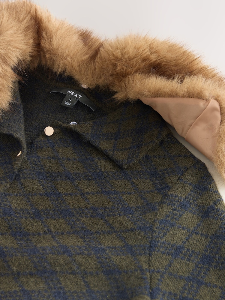 Dark Green Check - Faux Fur Collar Knitted Mini Dress - Imagem 2 de 3