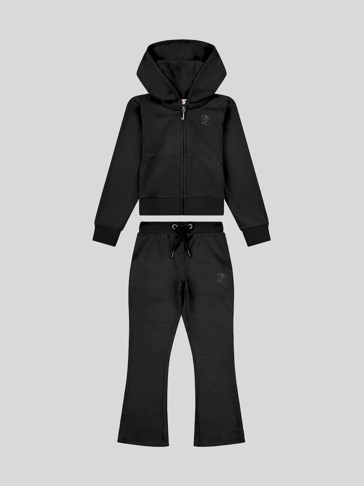 Juicy Couture Black Girls Diamante Zip-Thru Hoodie & Bootcut Joggers Set - Image 1 of 4