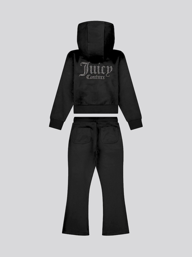 Juicy Couture Black Girls Diamante Zip-Thru Hoodie & Bootcut Joggers Set - Image 2 of 4