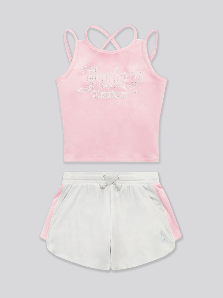 Juicy Couture Pink Girls Velour Strappy Top & Shorts Set - Image 6 of 10