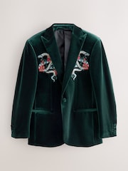 Green Regular Fit Snake Embroidered Velvet Blazer - Image 1 of 5