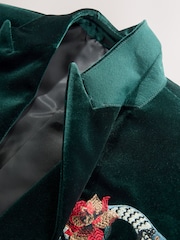 Green Regular Fit Snake Embroidered Velvet Blazer - Image 4 of 5
